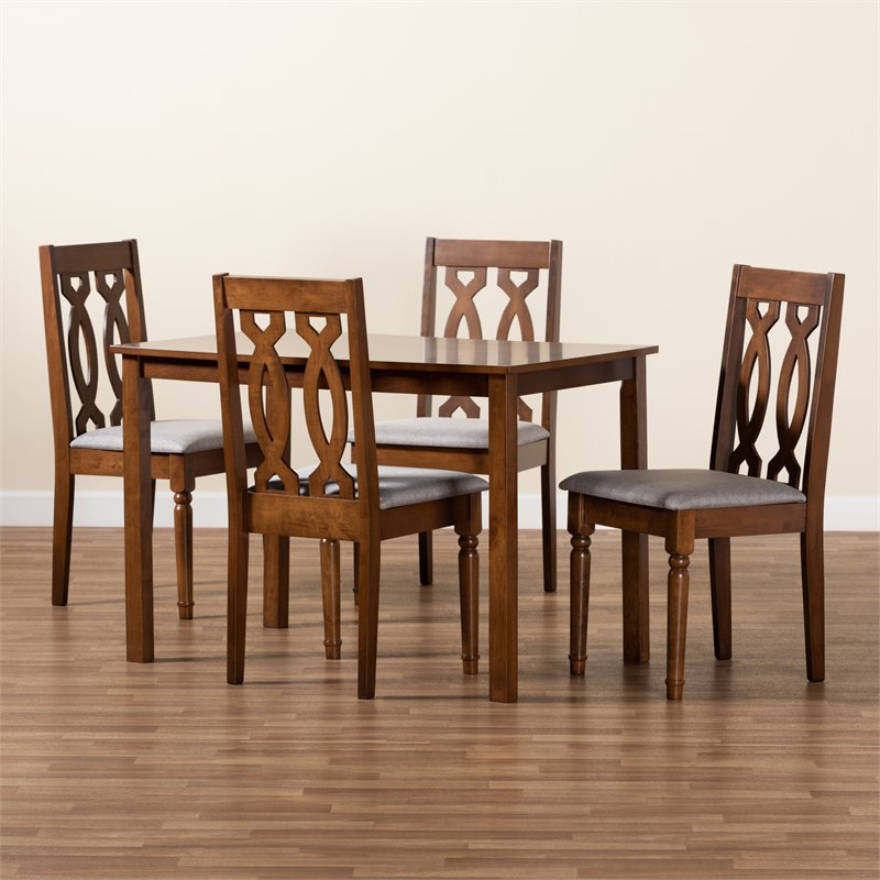 Baxton Studio Cherese Grey Fabric and Brown Finished 5-Piece Wood Dining Set