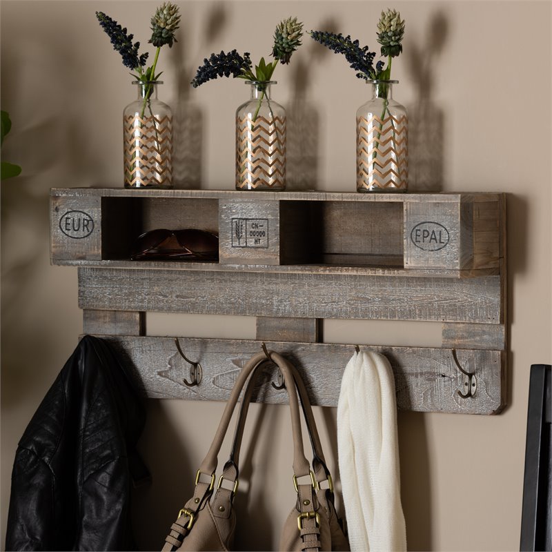 Baxton Studio Ferguson Grey Oak Finished Wood Mounted Coat Rack with Shelves