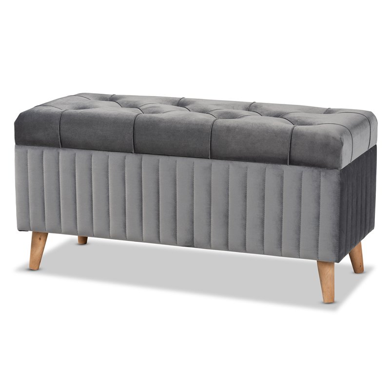 Baxton Studio Hanley Grey Velvet Fabric and Brown Finished Wood Storage Ottoman
