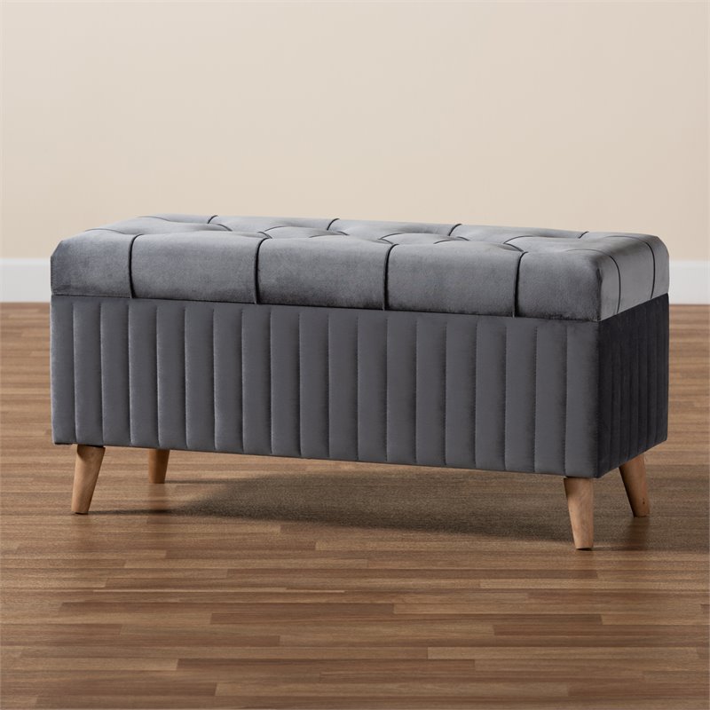 Baxton Studio Hanley Grey Velvet Fabric and Brown Finished Wood Storage Ottoman