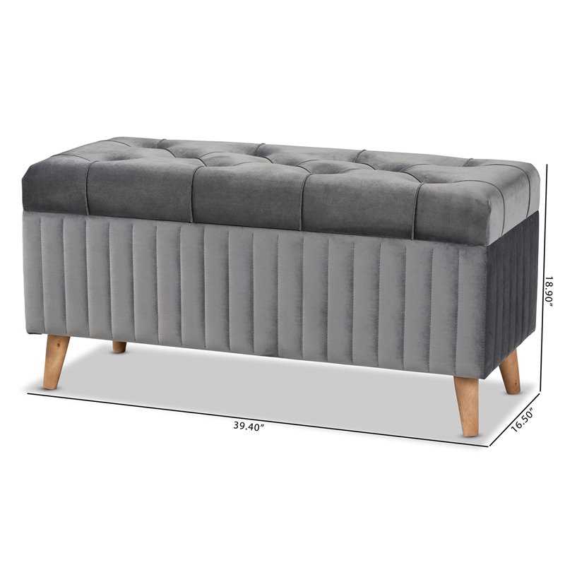 Baxton Studio Hanley Grey Velvet Fabric and Brown Finished Wood Storage Ottoman