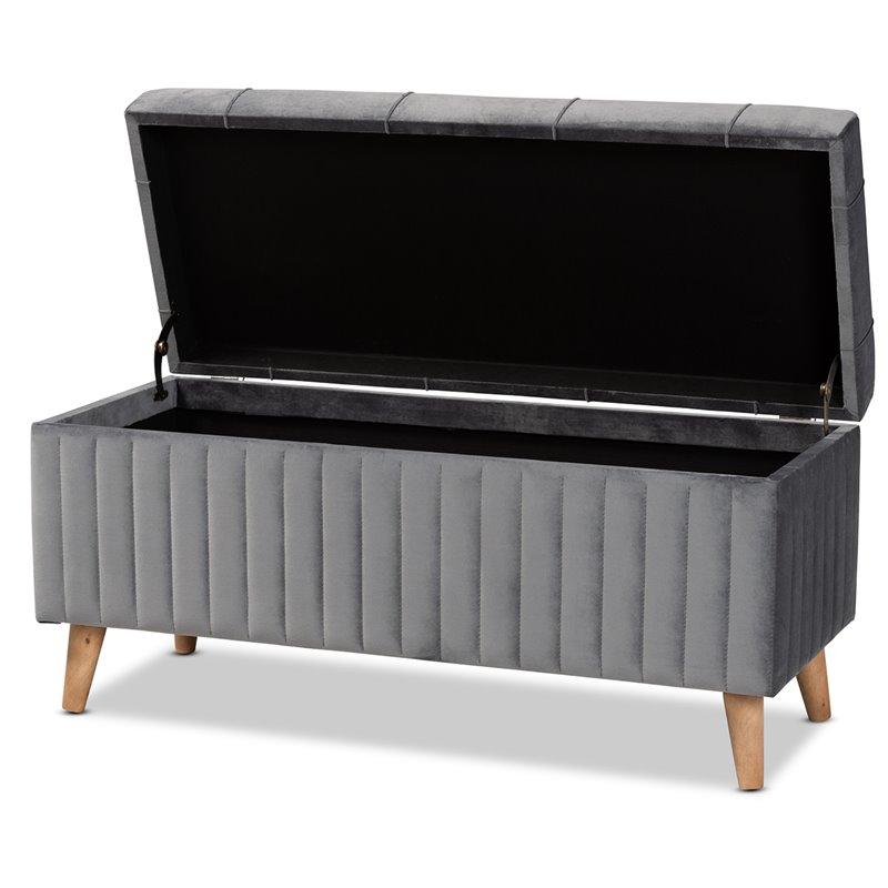 Baxton Studio Hanley Grey Velvet Fabric and Brown Finished Wood Storage Ottoman