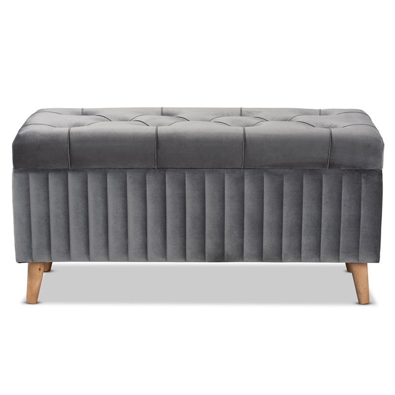 Baxton Studio Hanley Grey Velvet Fabric and Brown Finished Wood Storage Ottoman
