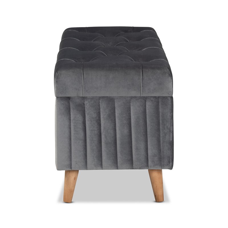 Baxton Studio Hanley Grey Velvet Fabric and Brown Finished Wood Storage Ottoman