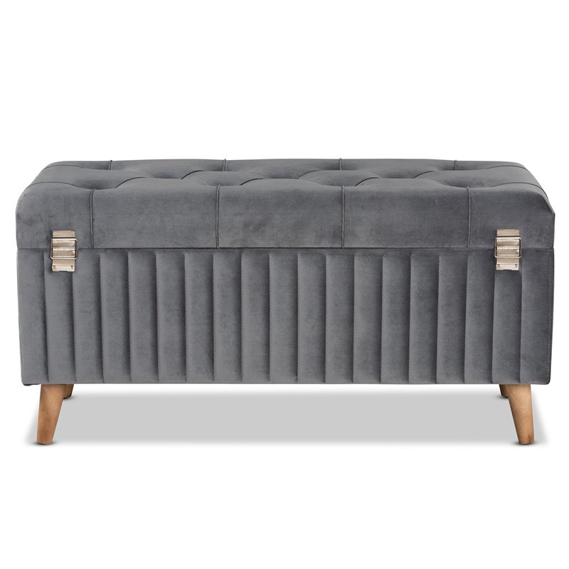 Baxton Studio Hanley Grey Velvet Fabric and Brown Finished Wood Storage Ottoman