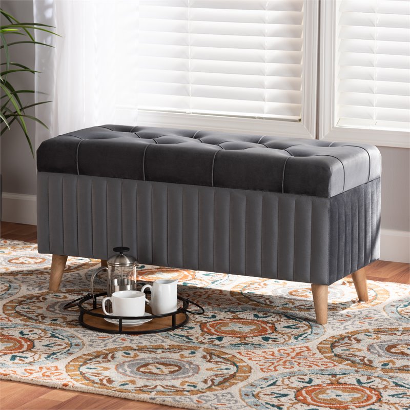 Baxton Studio Hanley Grey Velvet Fabric and Brown Finished Wood Storage Ottoman