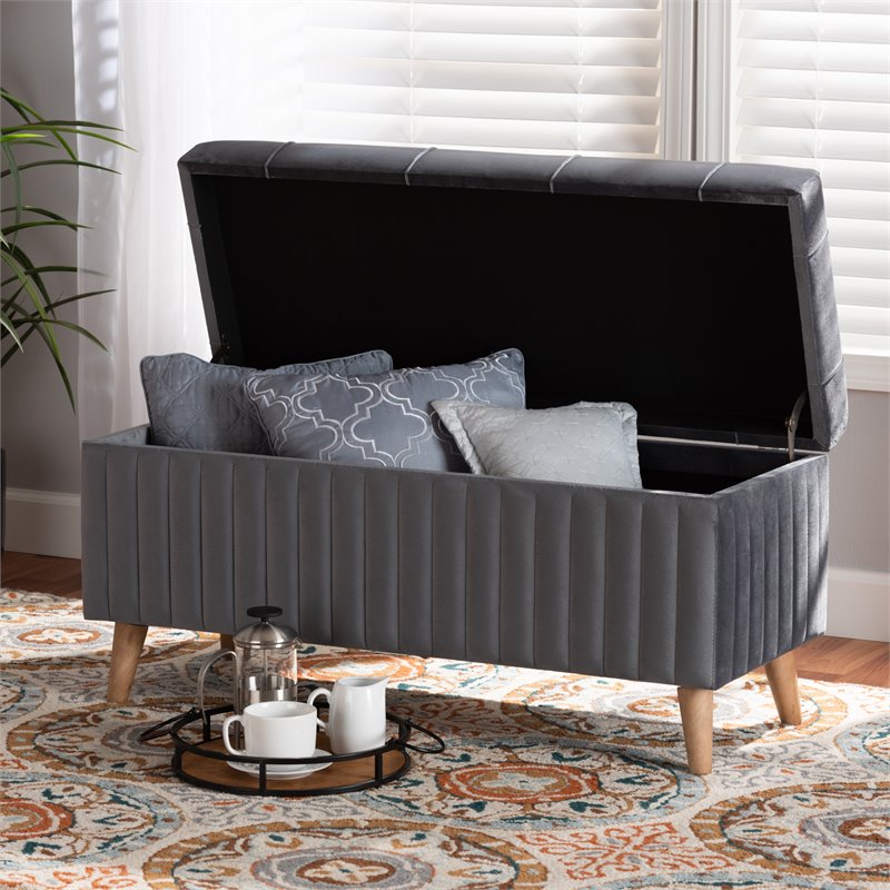 Baxton Studio Hanley Grey Velvet Fabric and Brown Finished Wood Storage Ottoman