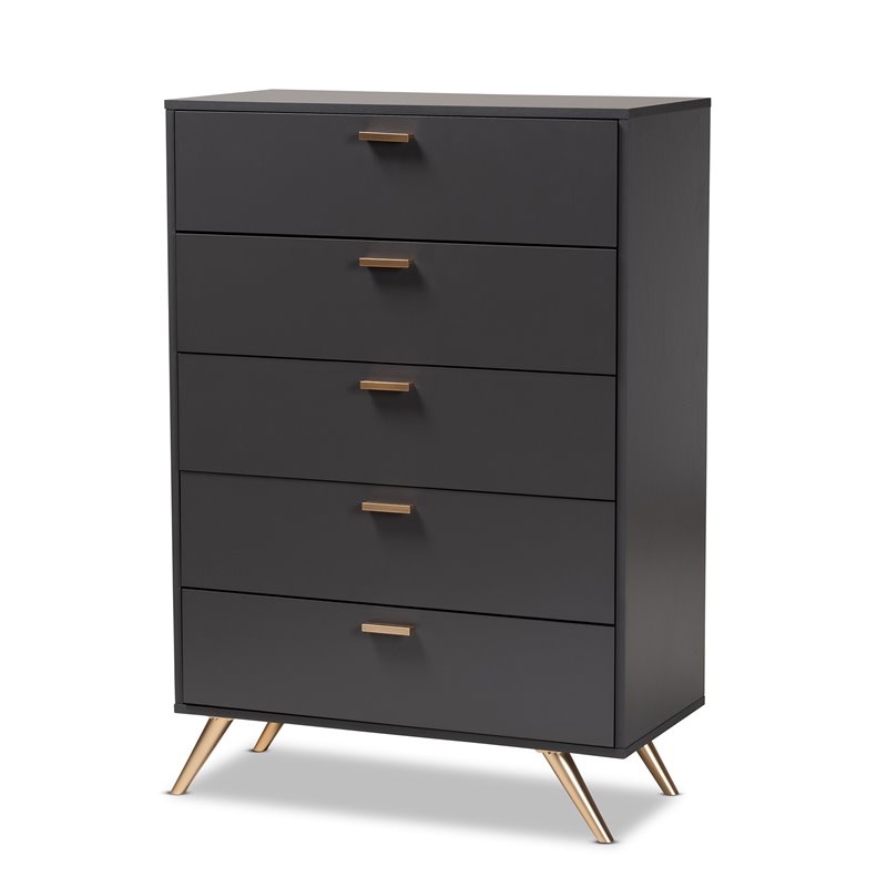 Baxton Studio Kelson Dark Grey and Gold Finished Wood 5-Drawer Chest