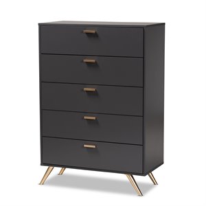 baxton studio kelson dark grey and gold finished wood 5-drawer chest