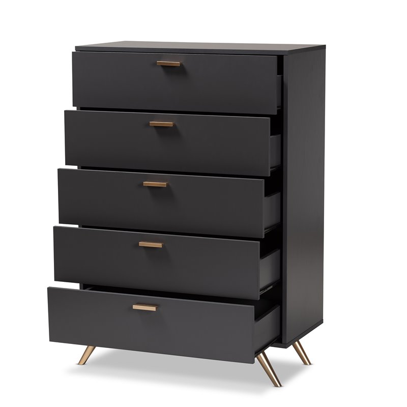 Baxton Studio Kelson Dark Grey and Gold Finished Wood 5-Drawer Chest
