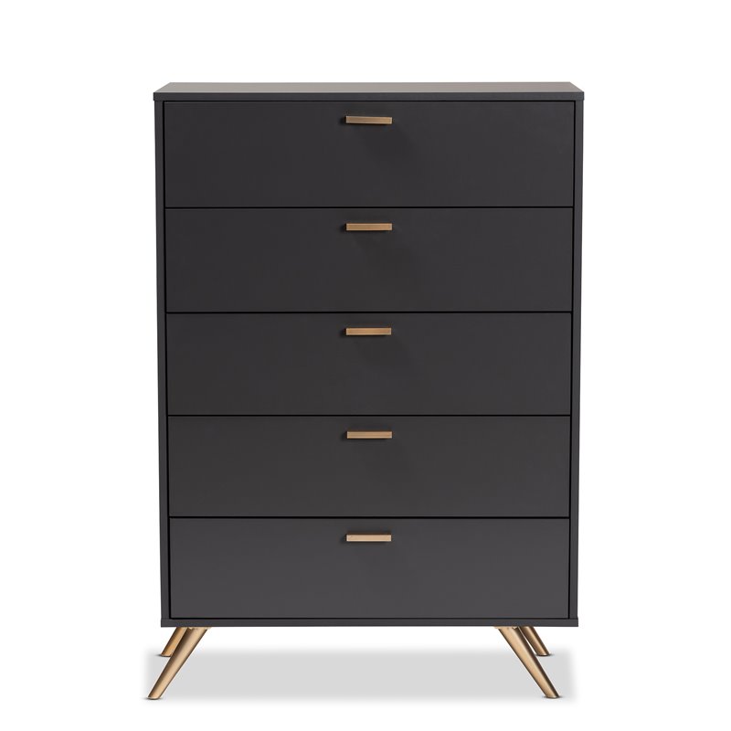 Baxton Studio Kelson Dark Grey and Gold Finished Wood 5-Drawer Chest