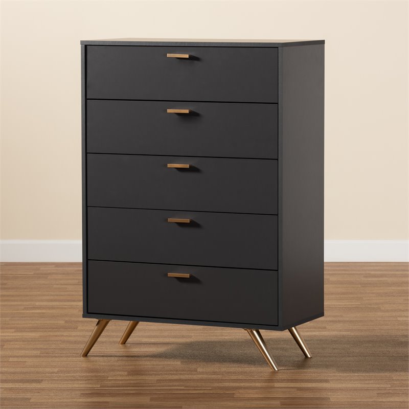 Baxton Studio Kelson Dark Grey and Gold Finished Wood 5-Drawer Chest