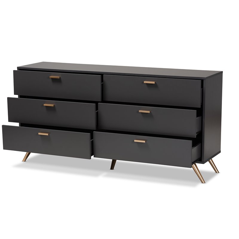 Baxton Studio Kelson Dark Grey and Gold Finished Wood 6-Drawer Dresser