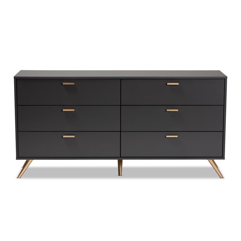 Baxton Studio Kelson Dark Grey and Gold Finished Wood 6-Drawer Dresser