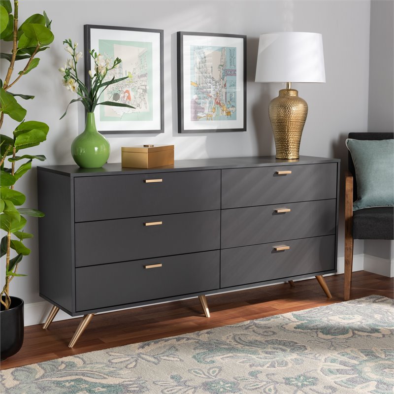 Baxton Studio Kelson Dark Grey and Gold Finished Wood 6-Drawer Dresser