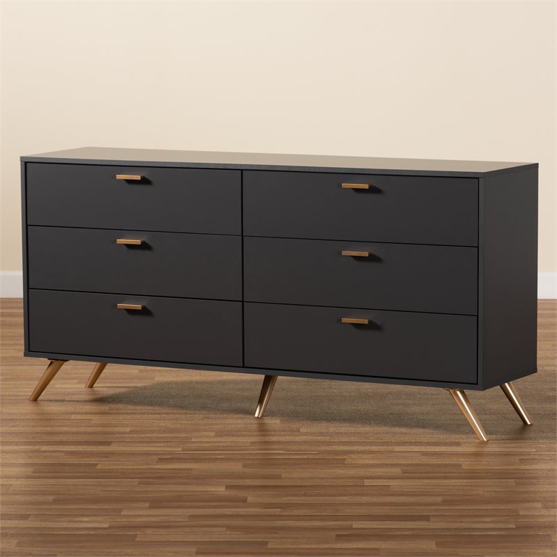 Baxton Studio Kelson Dark Grey and Gold Finished Wood 6-Drawer Dresser