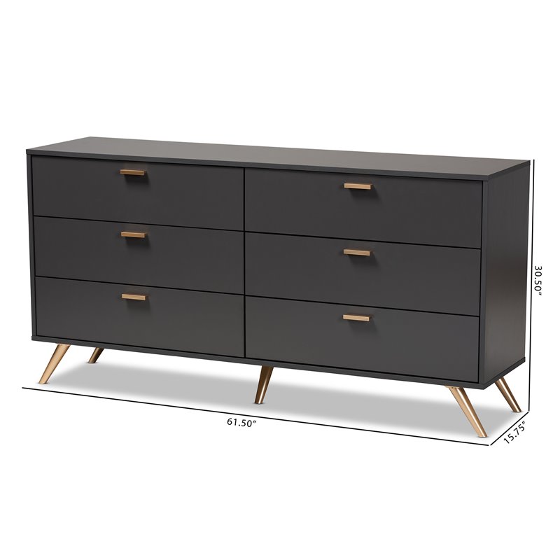 Baxton Studio Kelson Dark Grey and Gold Finished Wood 6-Drawer Dresser