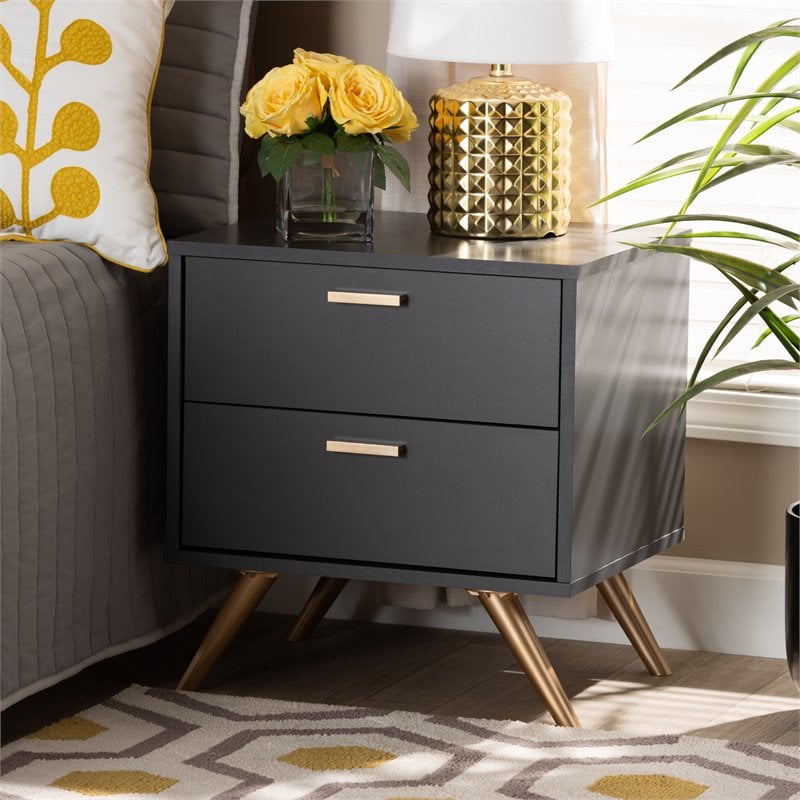 Baxton Studio Kelson Dark Grey and Gold Finished Wood 2-Drawer Nightstand