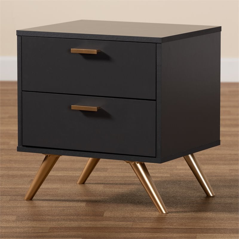 Baxton Studio Kelson Dark Grey and Gold Finished Wood 2-Drawer Nightstand