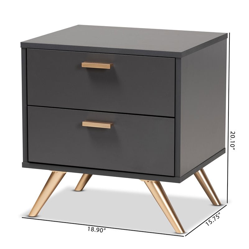 Baxton Studio Kelson Dark Grey and Gold Finished Wood 2-Drawer Nightstand