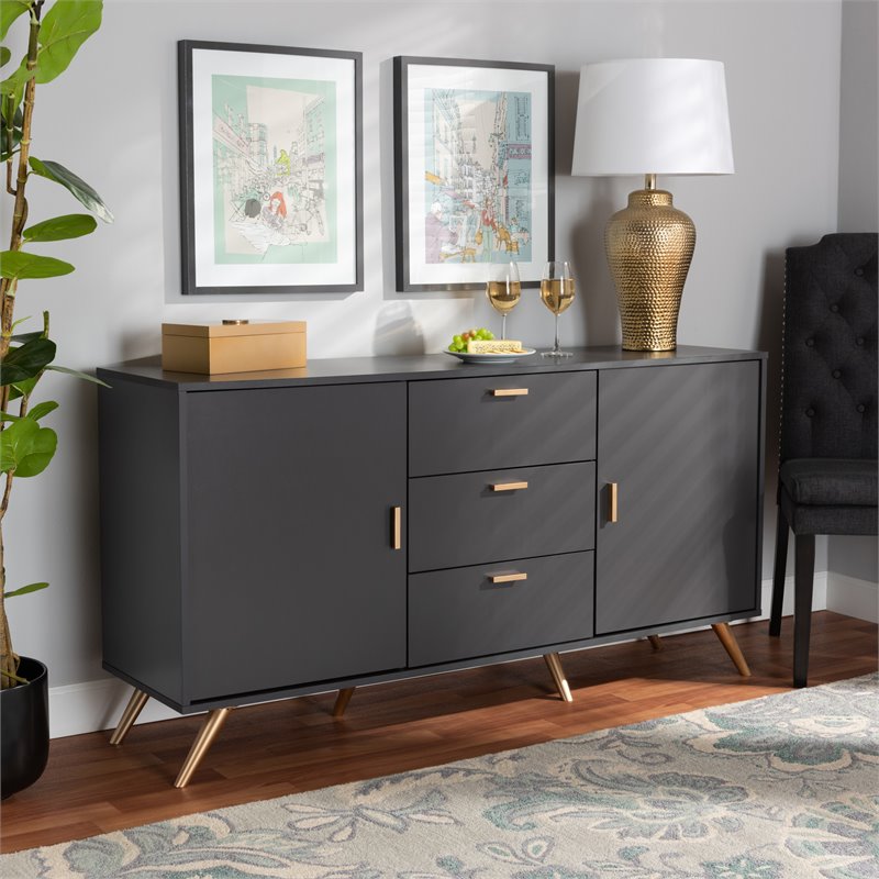 Baxton Studio Kelson Dark Grey and Gold Finished Wood 2-Door Sideboard Buffet