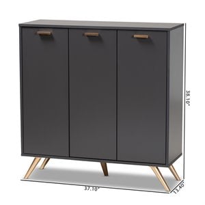 Baxton Studio Kelson Dark Gray and Gold Finished Wood 3-Door Shoe Cabinet