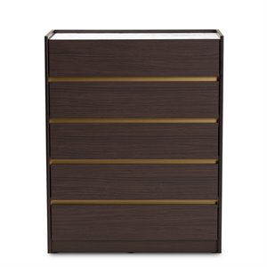 baxton studio walker dark brown and gold finished wood 5-drawer chest