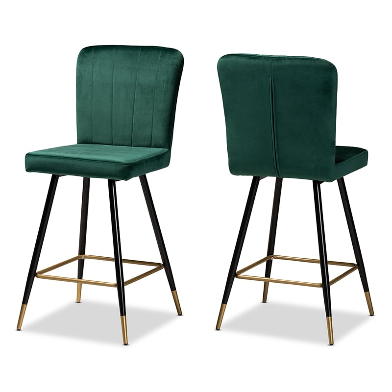 Baxton Studio Preston Green Black and Gold Finished Metal 2-Piece Bar Stool Set