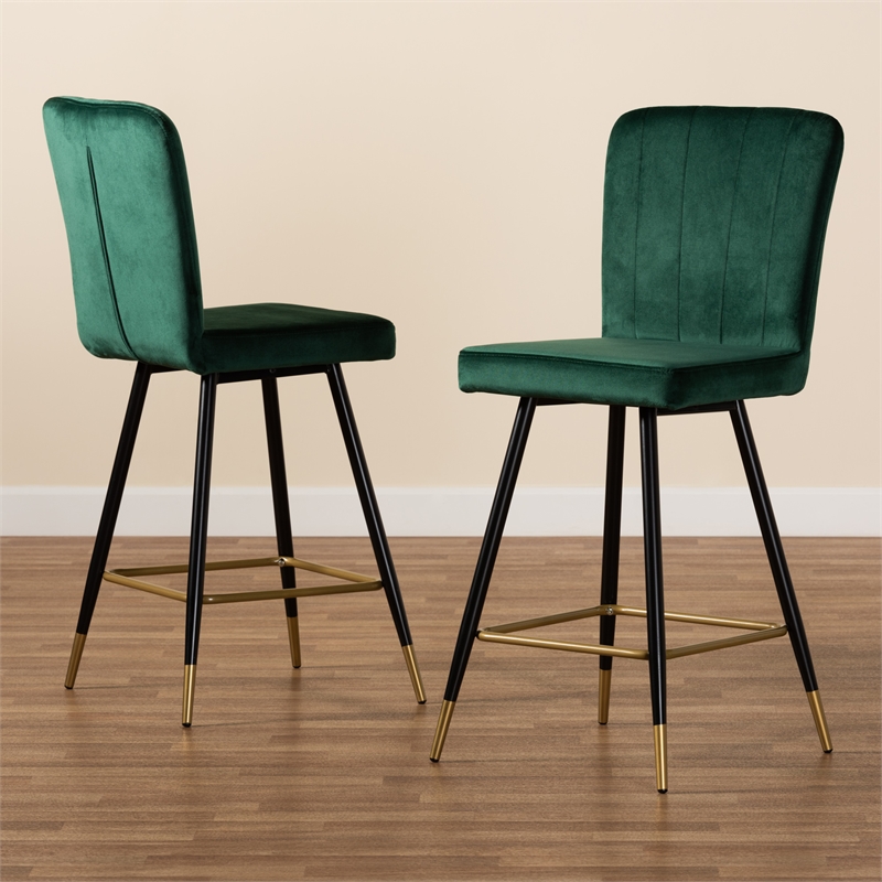 Baxton Studio Preston Green Black and Gold Finished Metal 2-Piece Bar Stool Set