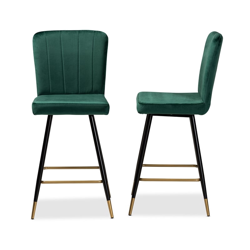 Baxton Studio Preston Green Black and Gold Finished Metal 2-Piece Bar Stool Set