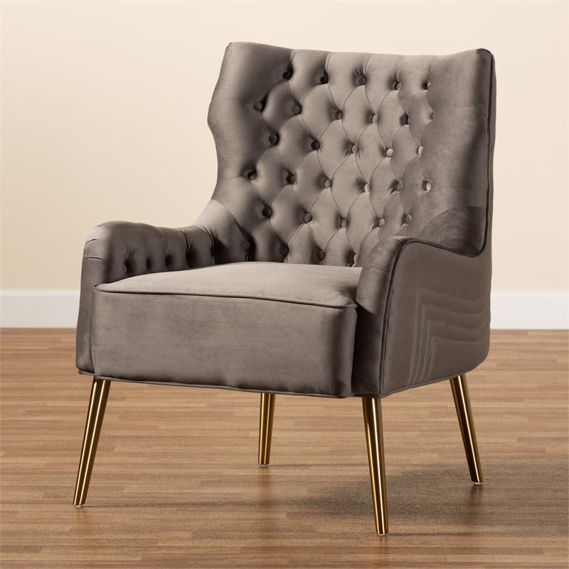Baxton Studio Nelson Gray Velvet Fabric and Gold Finished Metal Armchair