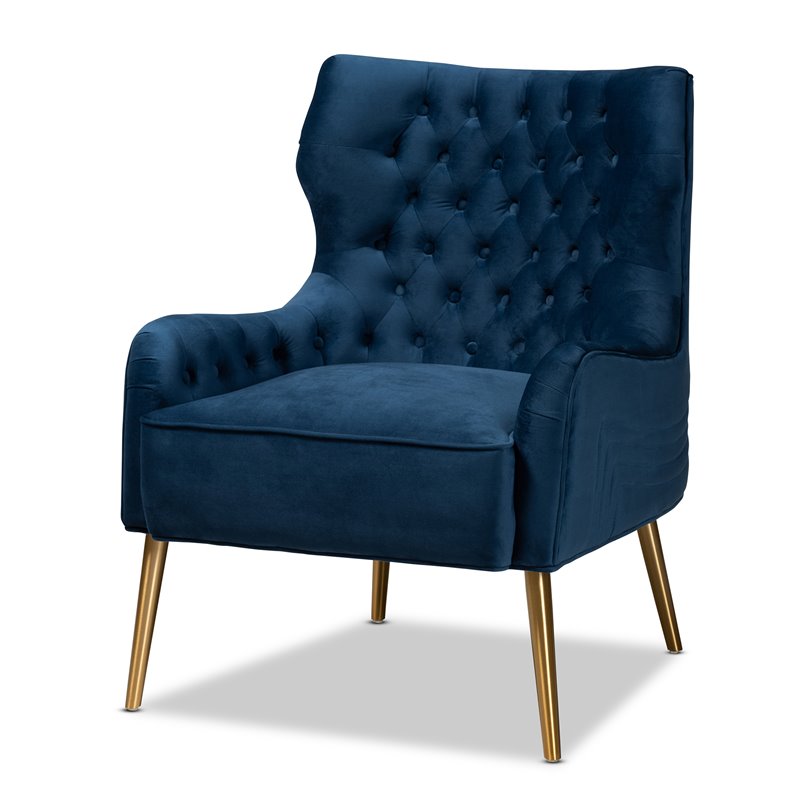 Baxton Studio Nelson Navy Blue Velvet Fabric and Gold Finished Metal Armchair