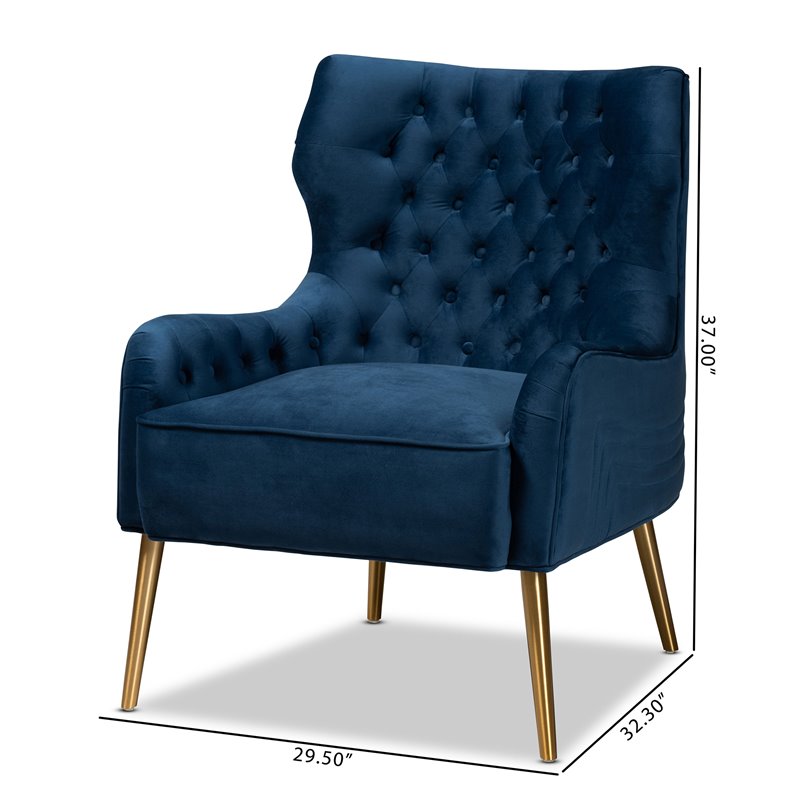 Baxton Studio Nelson Navy Blue Velvet Fabric and Gold Finished Metal Armchair