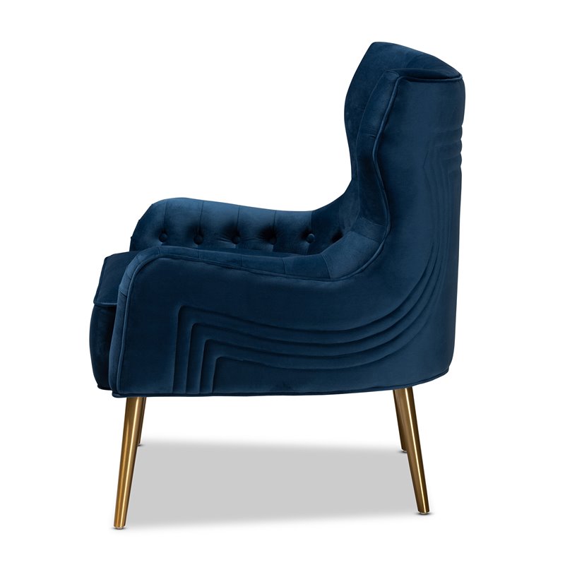 Baxton Studio Nelson Navy Blue Velvet Fabric and Gold Finished Metal Armchair