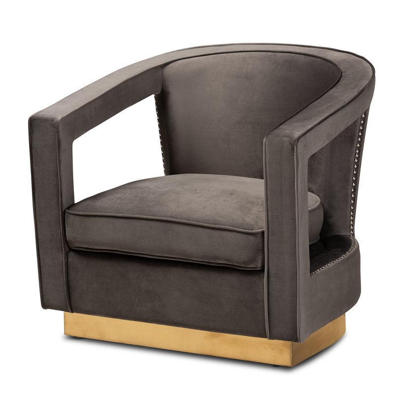 Baxton Studio Neville Grey Velvet Fabric and Gold Finished Metal Armchair