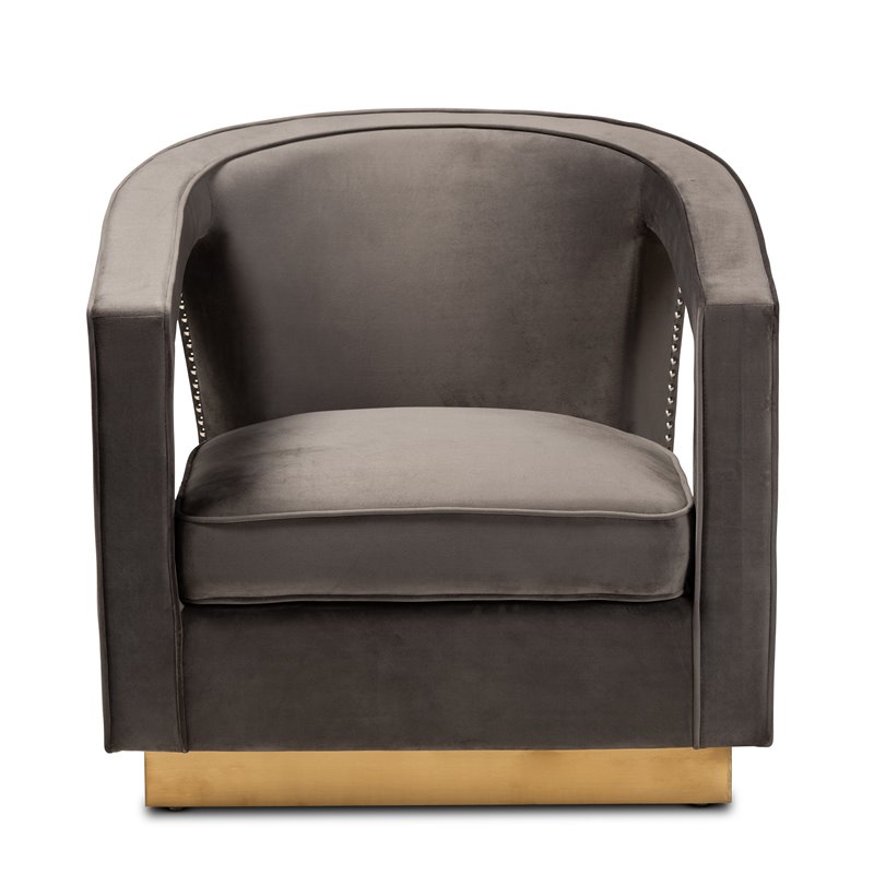 Baxton Studio Neville Grey Velvet Fabric and Gold Finished Metal Armchair