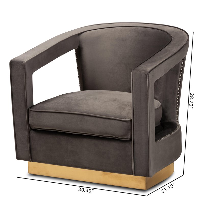 Baxton Studio Neville Grey Velvet Fabric and Gold Finished Metal Armchair