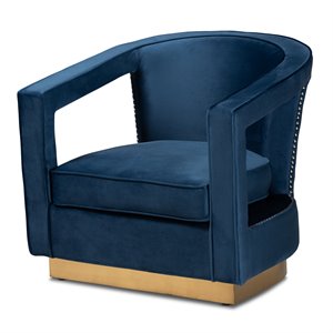 baxton studio neville navy blue velvet fabric and gold finished metal armchair