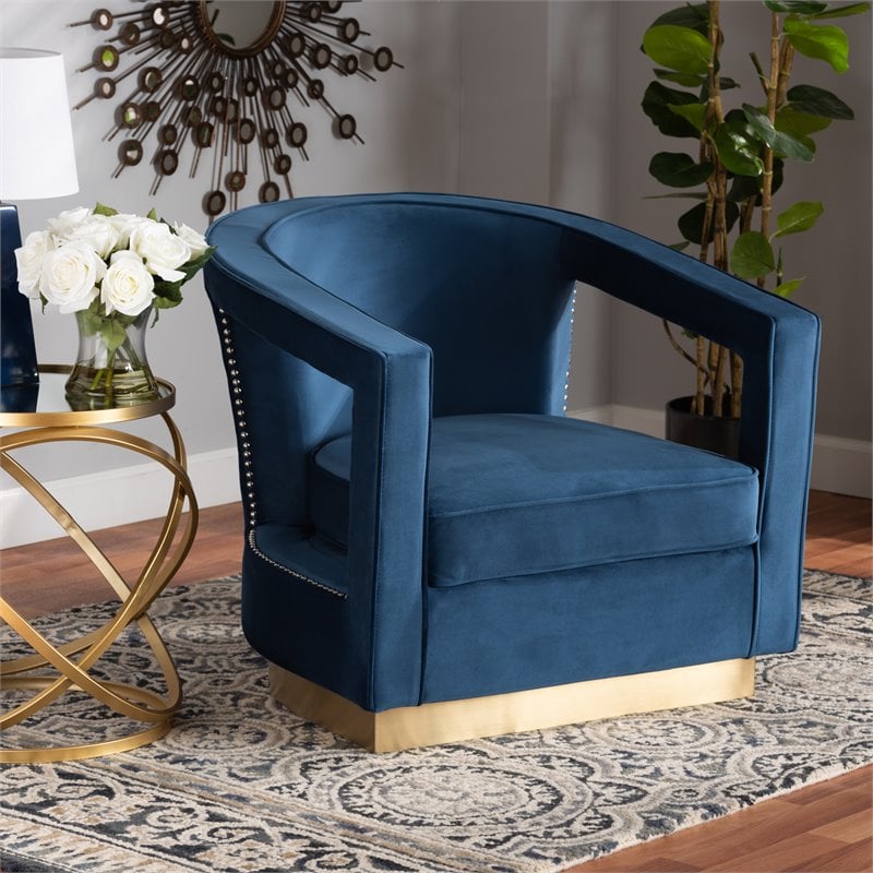 Baxton Studio Neville Navy Blue Velvet Fabric and Gold Finished Metal Armchair