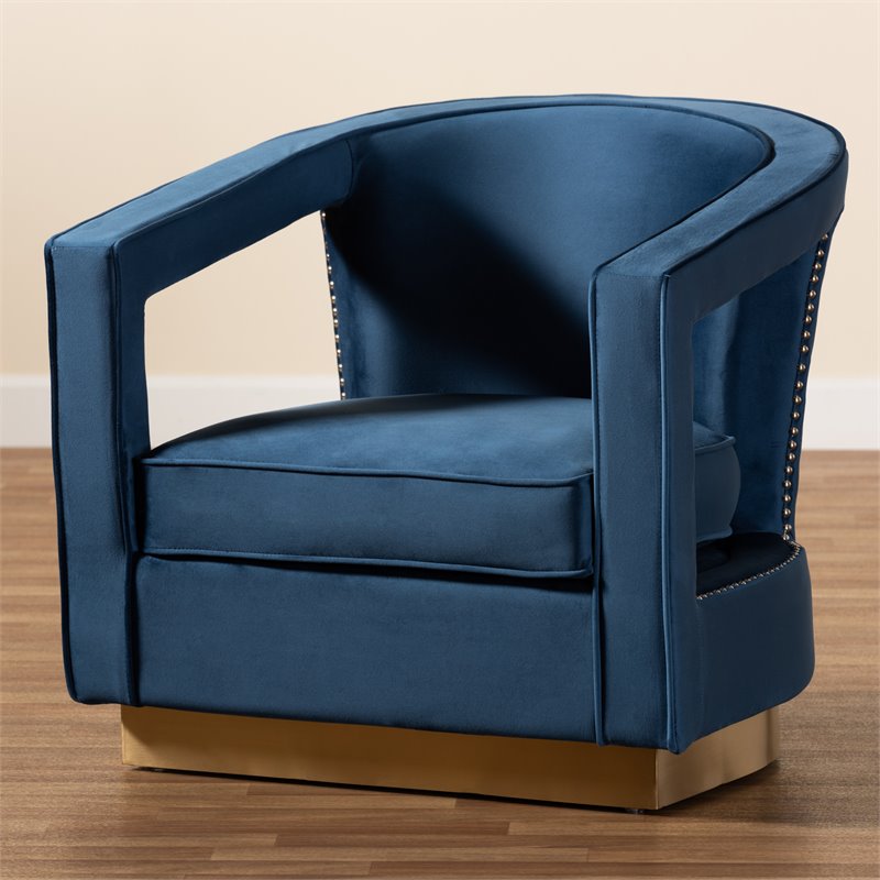 Baxton Studio Neville Navy Blue Velvet Fabric and Gold Finished Metal Armchair