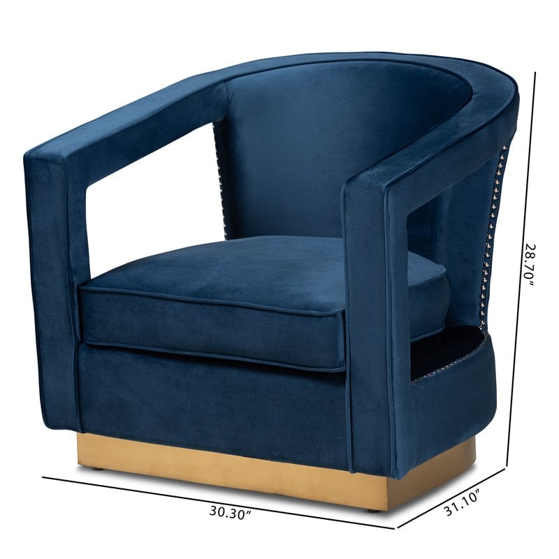 Baxton Studio Neville Navy Blue Velvet Fabric and Gold Finished Metal Armchair