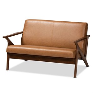 baxton studio bianca walnut brown finished wood and tan faux leather loveseat