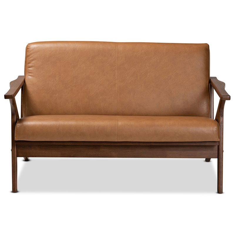 Baxton Studio Bianca Walnut Brown Finished Wood and Tan Faux Leather Loveseat