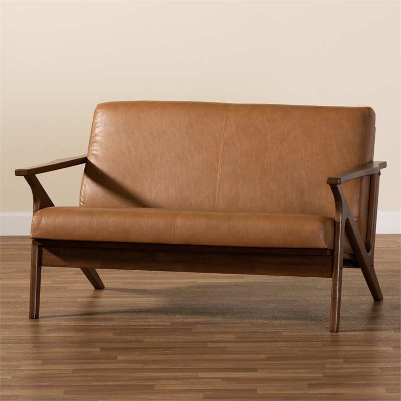 Baxton Studio Bianca Walnut Brown Finished Wood and Tan Faux Leather Loveseat