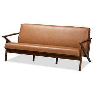 baxton studio bianca walnut brown finished wood and tan faux leather effect sofa