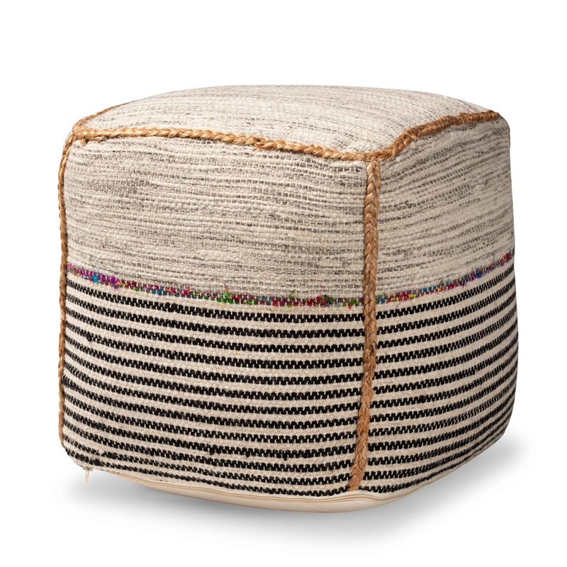 Baxton Studio Arta Bohemian Multi-Colored and Brown Wool Blend Pouf Ottoman