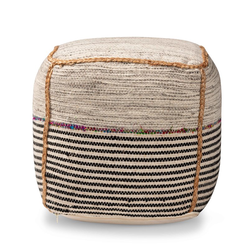 Baxton Studio Arta Bohemian Multi-Colored and Brown Wool Blend Pouf Ottoman