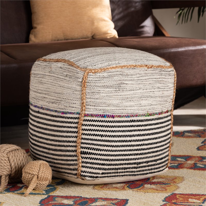 Baxton Studio Arta Bohemian Multi-Colored and Brown Wool Blend Pouf Ottoman