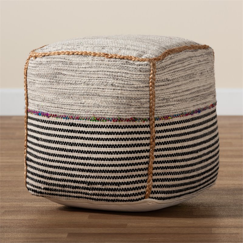 Baxton Studio Arta Bohemian Multi-Colored and Brown Wool Blend Pouf Ottoman