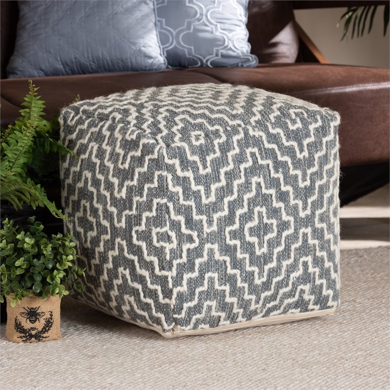 Baxton Studio Benjamin Bohemian Grey and Ivory Cotton Blend Pouf Ottoman